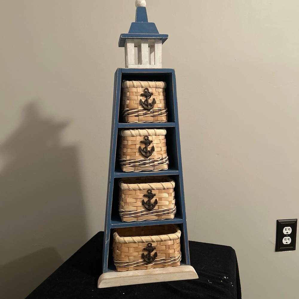 Coastal Blue Nautical Lighthouse Storage Shelf with Wicker Baskets